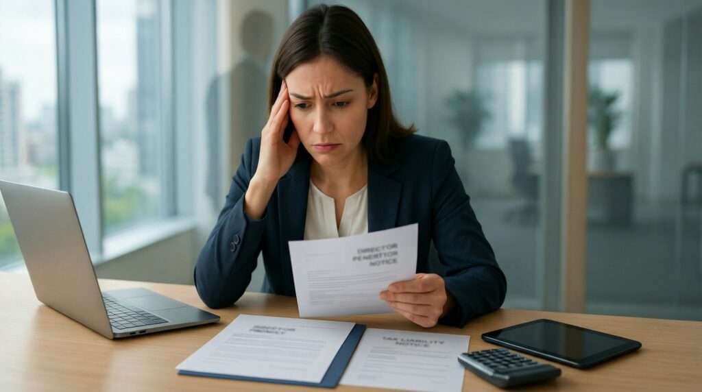 Concerned businesswoman reviewing unexpected company and tax paperwork in a professional office